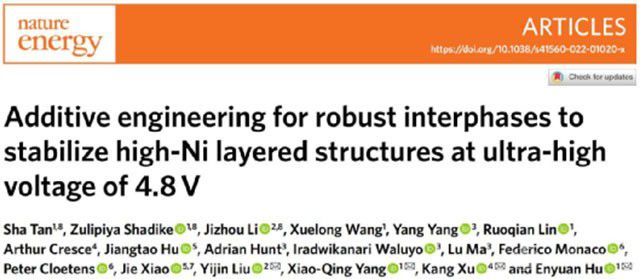 4.8V高鎳-200圈-97%保持率，許康&楊曉青等Nature Energy提出電解液中催化作用
