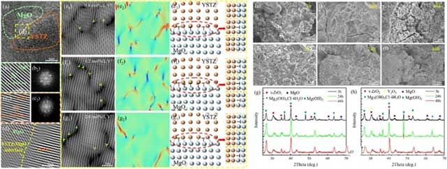 圖4. 膜層中(101) YSTZ和(111) MgO之間的半共格界面關(guān)系及膜層在3.5 wt.% NaCl溶液中浸泡3 h、24 h和48 h形貌和XRD