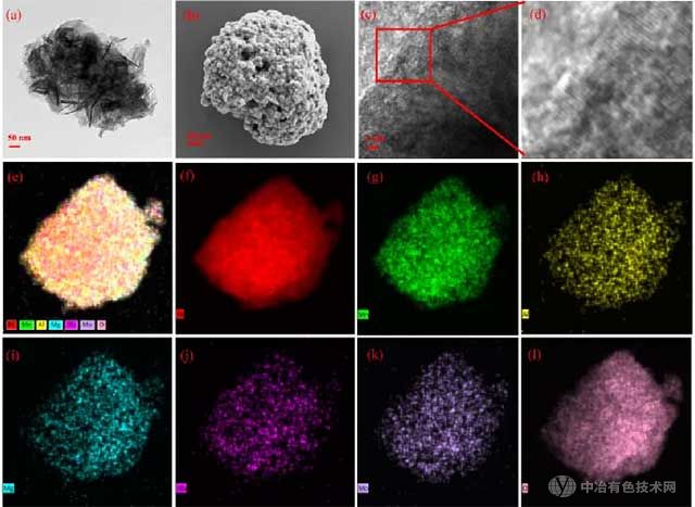  (a) 前驅體的掃描電子顯微鏡圖像，(b) HE-LNM的掃描電子顯微鏡圖像，(c) HE-LNM的高分辨率透射電子顯微鏡圖像，(d) 圖(c)中選定區(qū)域的放大圖，(e-l) HE-LNM的元素分布圖